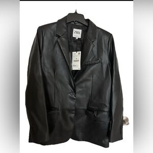 ZARA Women's Vegan Faux Leather Blazer Black Long Sleeve 1 Button Closure Sz L